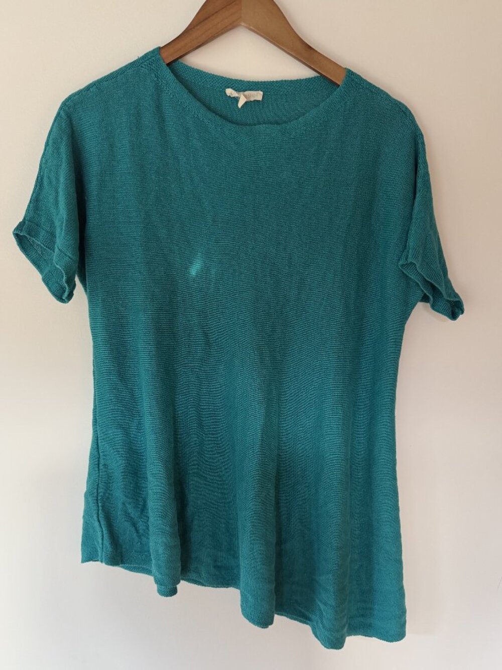 Eileen Fisher Teal Organic Linen Tunic, Asymmetrical Hem, Short Sleeve, Size S